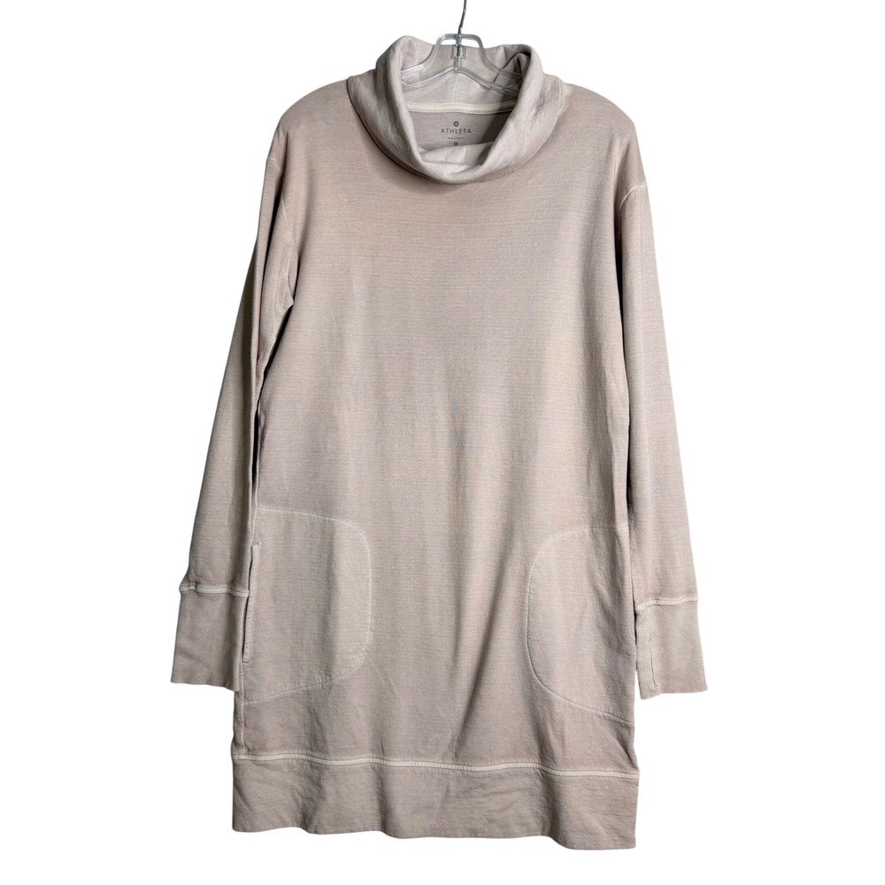 Athleta Eco Wash Turtleneck Sweatshirt Dress‎ Womens M Beige Athletic Athleisure